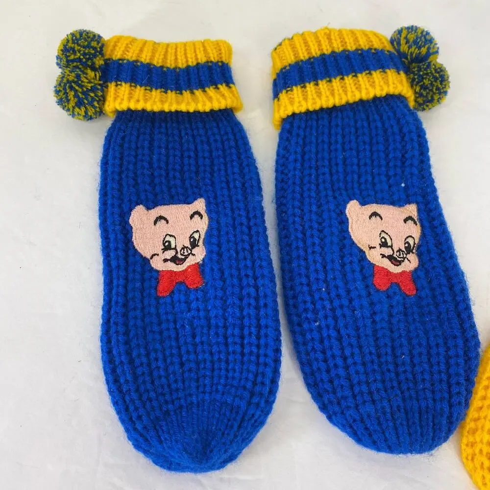 Snoopy Peanuts Mittens Kids Blue Bugs Bunny Brand Porky Pig Knit Pom Vtg 70s